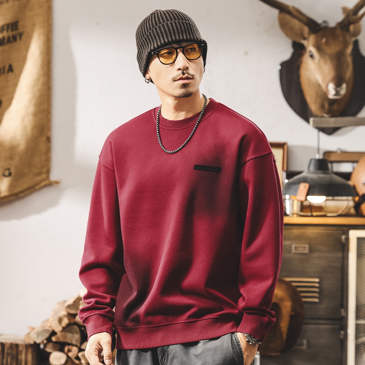 美式360g重磅衛衣男2025新款秋季寬鬆圓領安可拉紅復古春秋外套男