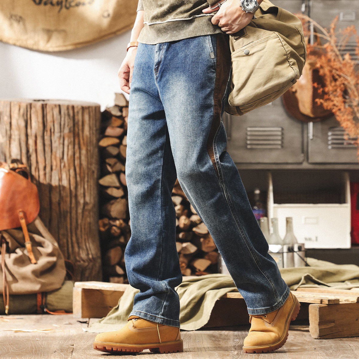 美式復古重磅拼接牛仔褲男2026新款寬鬆直筒褲子男春季潮牌休閒褲