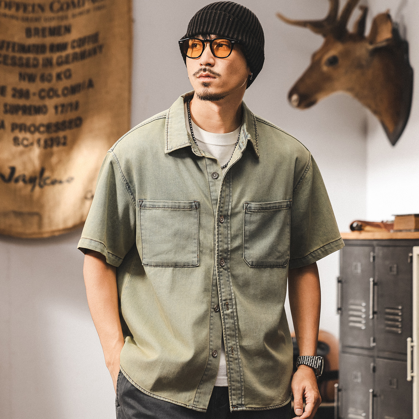 美式復古萊賽爾牛仔襯衫男夏季新款寬鬆潮流痞帥工裝襯衣薄款外套