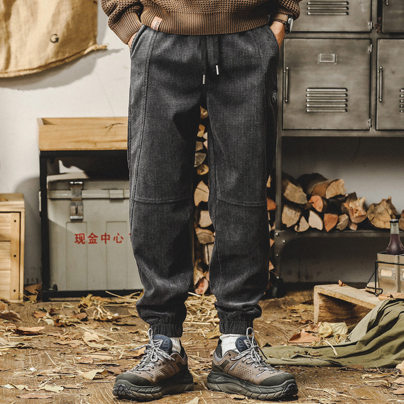 杰雷諾燈芯絨休閒褲男秋冬款寬鬆大碼束腳衛褲美式重磅加絨褲子男