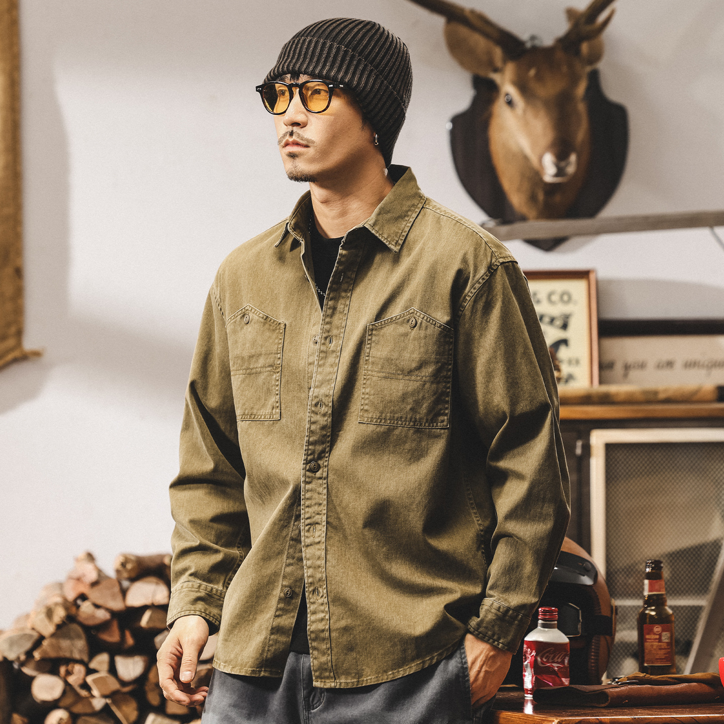美式復古工裝襯衫男長袖2025新款秋季洗褪仿牛仔外套男春秋款襯衣