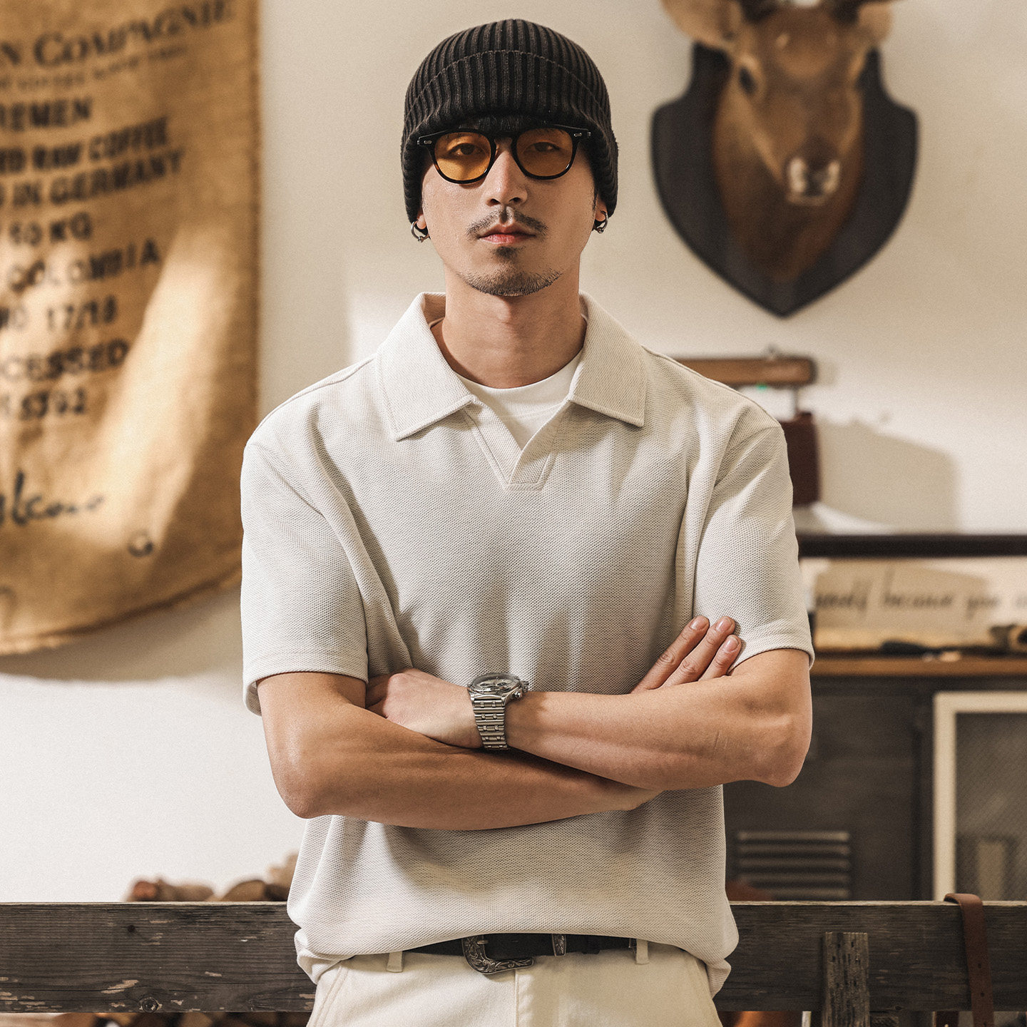 美式復古假兩件海鷗領Polo衫男短袖夏季寬鬆潮牌男士T恤亨利衫男