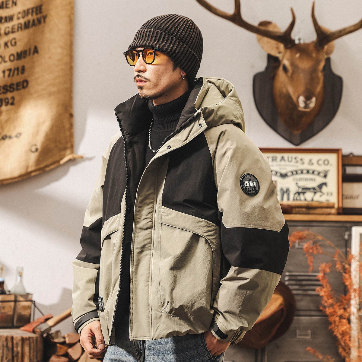 美式復古90%純白鴨絨工裝羽絨服男冬季戶外寬鬆加厚防寒連帽外套