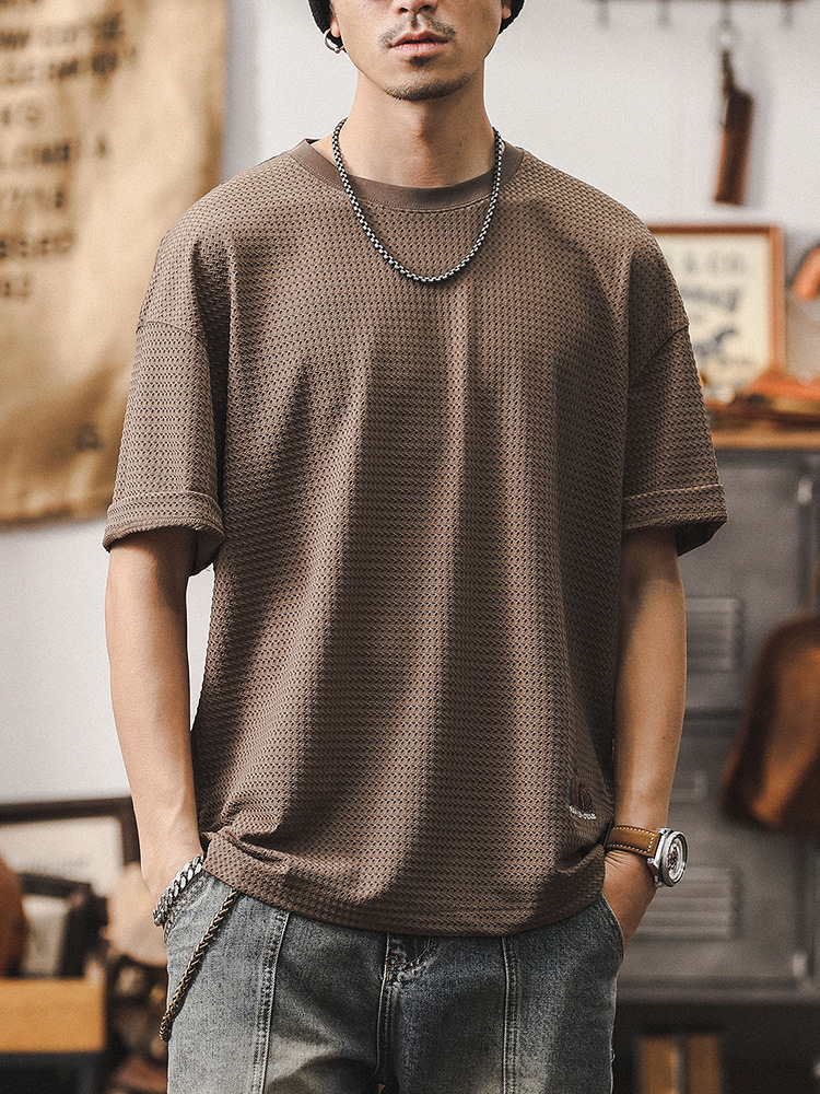 夏季薄款冰絲涼感短袖男2024新款潮牌格紋男士T恤寬鬆垂感半袖男