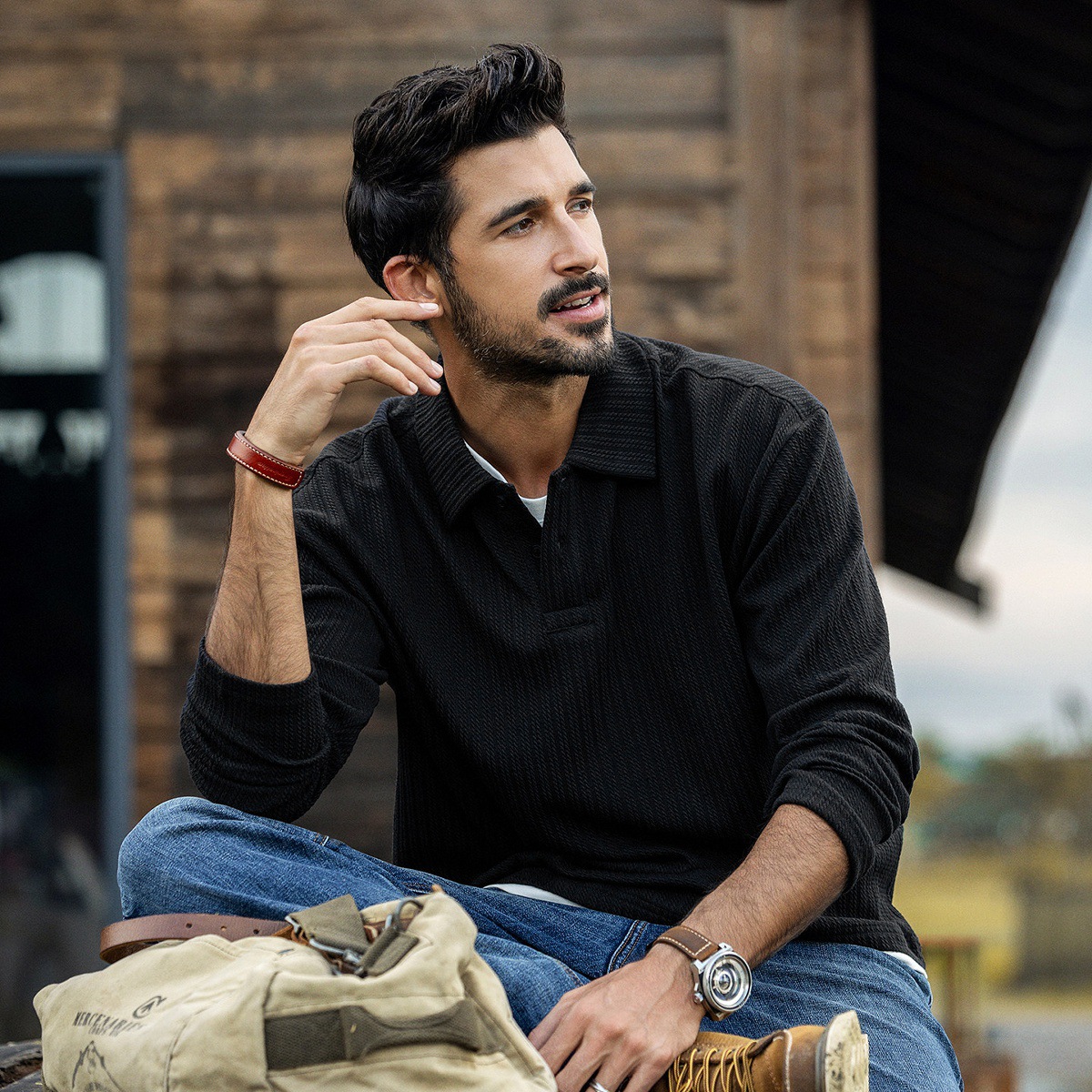 美式復古長袖Polo衫男春季新款提花針織重磅T恤潮流假兩件上衣男