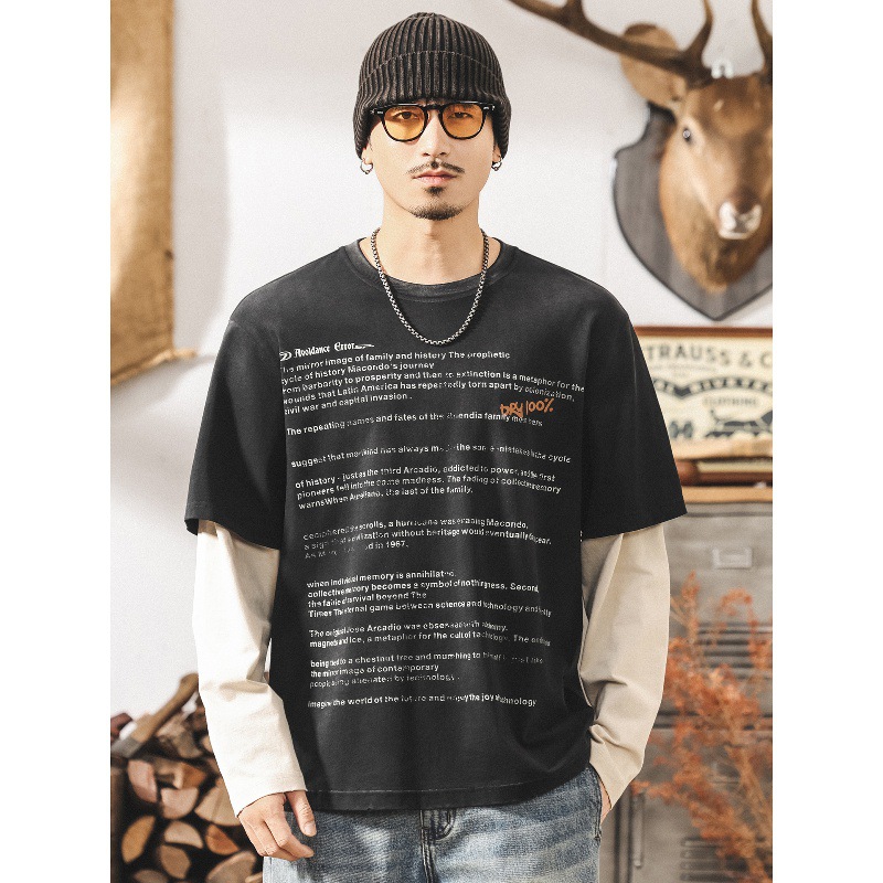 美式復古假兩件長袖t恤男款秋季高街潮牌水洗磨破做舊寬鬆上衣男T