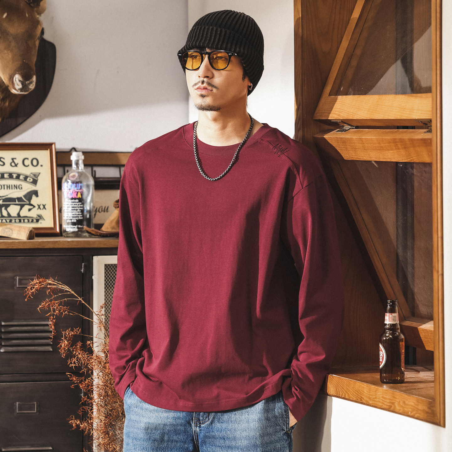 美式復古230g重磅t恤男長袖秋季新款簡約寬鬆休閒棗紅色男裝上衣T