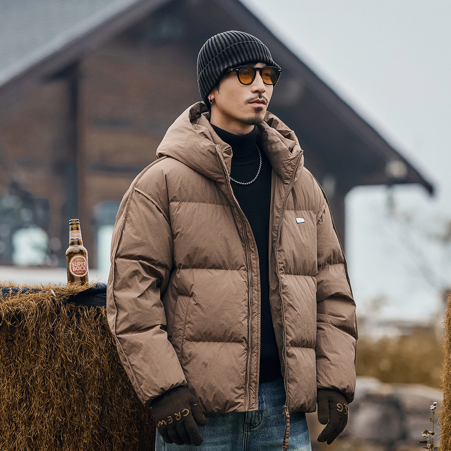 美式復古高充絨蓬鬆連帽羽絨服男冬季加厚保暖一體連帽麪包服外套