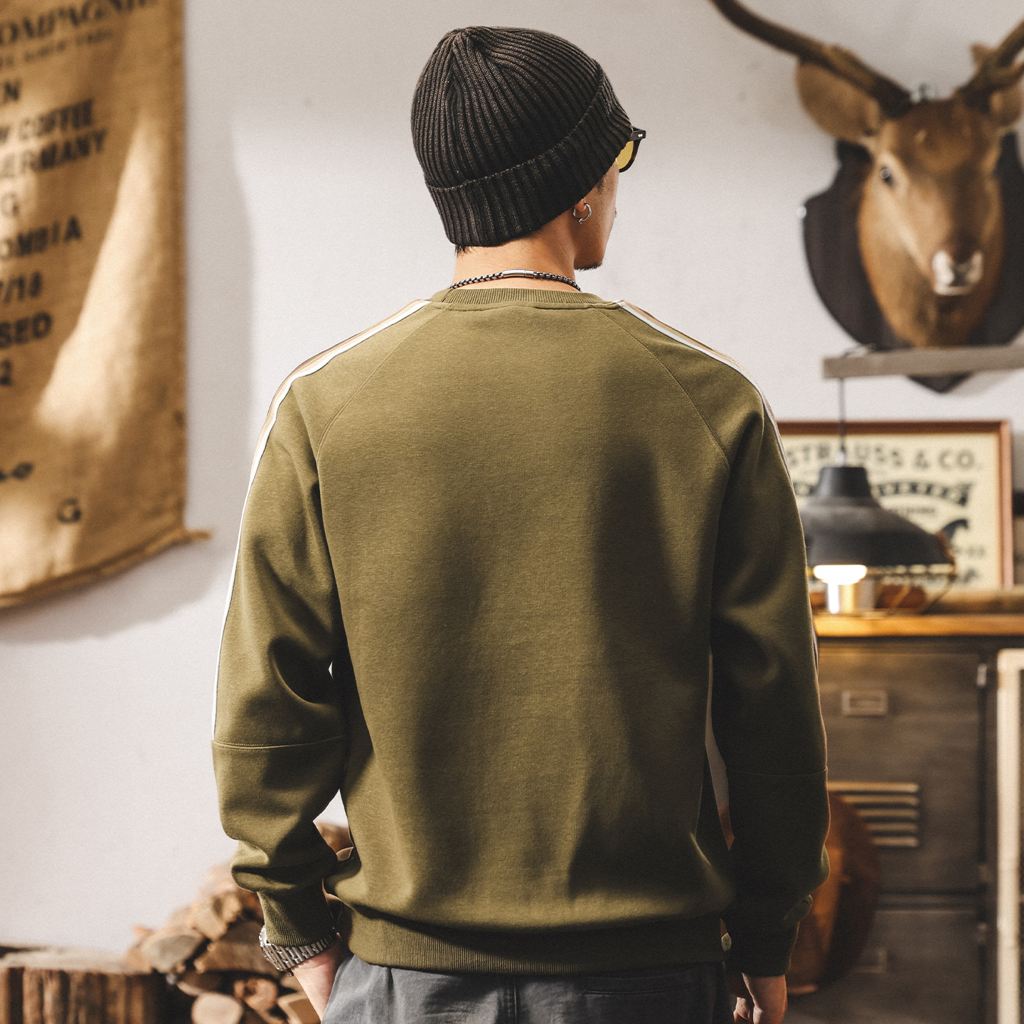 美式復古橄欖綠重磅衛衣男春秋2025新款潮流男士t恤長袖寬鬆上衣