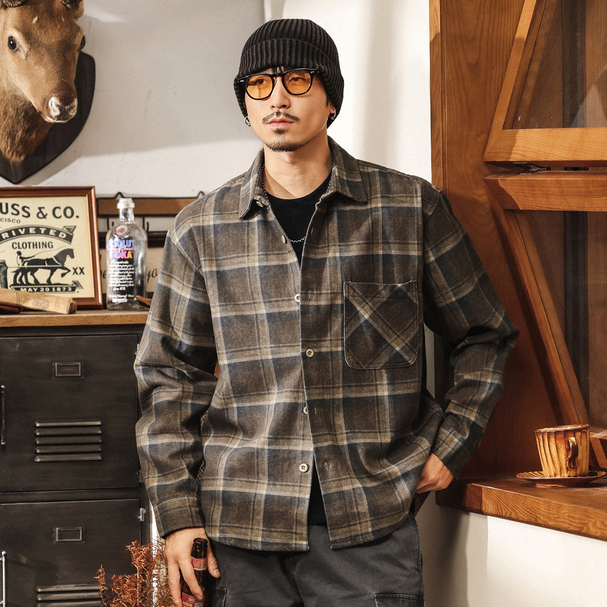 7X7斜紋萊賽爾格子襯衫男長袖秋季2025新款美式復古寬鬆襯衣外套