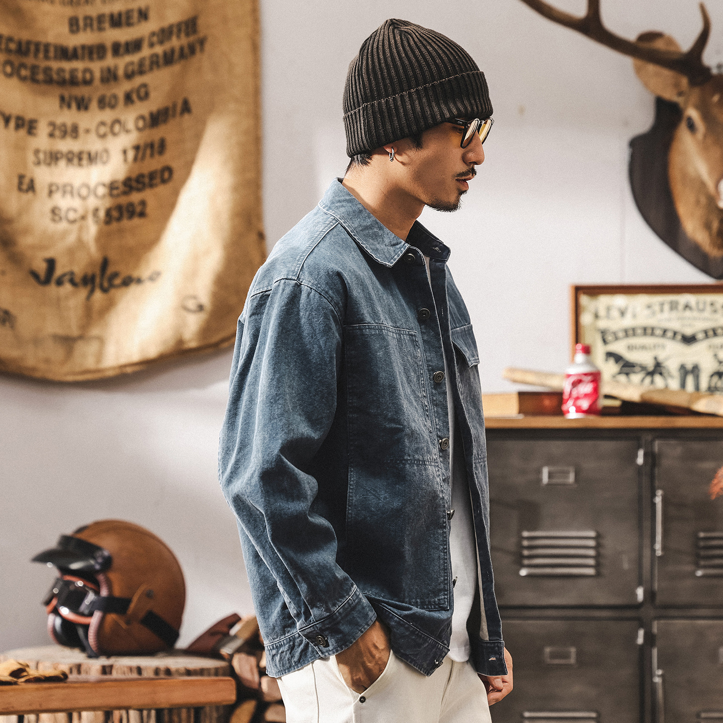 美式復古水洗牛仔夾克外套男春秋新款寬鬆工裝襯衫男長袖秋季襯衣