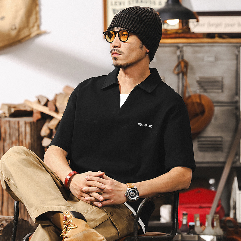 假兩件V領T恤男夏季涼感短袖上衣2025新款潮牌美式復古男士POLO衫