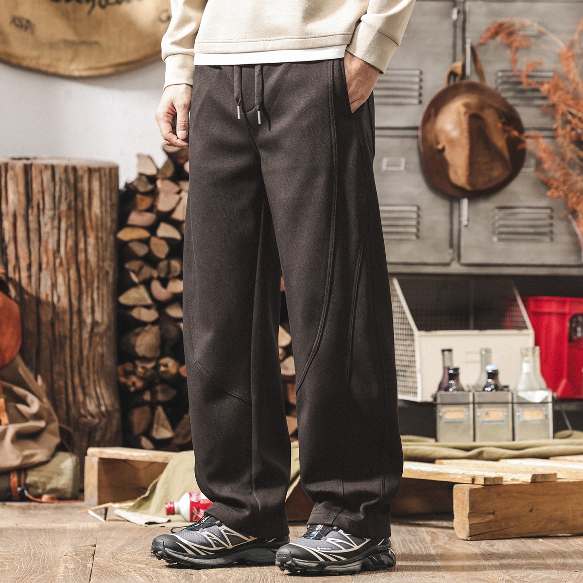 美式復古加絨彎刀褲子男款冬季加厚衛褲直筒男士重磅寬鬆休閒長褲