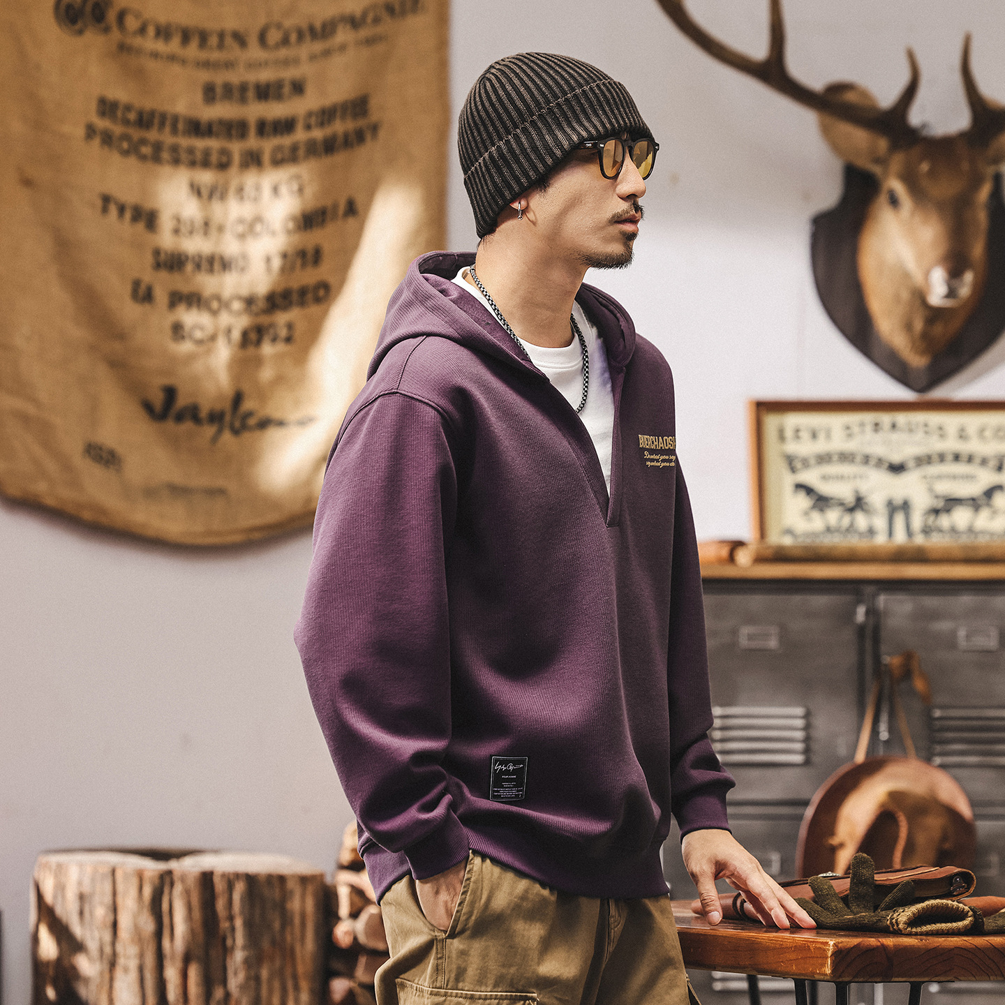 美式復古重磅假兩件V領連帽衛衣男春秋新款紫色潮流寬鬆休閒上衣