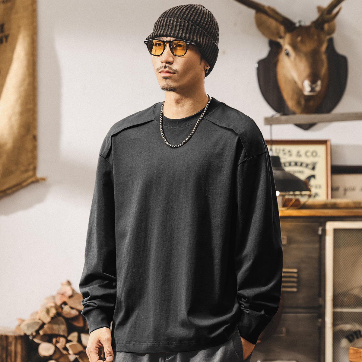 美式復古重磅長袖t恤男秋季新款設計感潮流拼接寬鬆休閒男士上衣