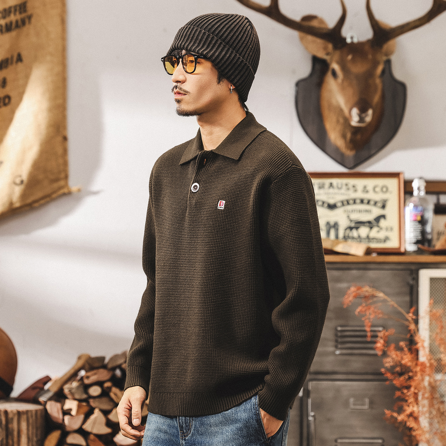 美式復古重磅毛衣男秋冬款翻領古着輕熟寬鬆長袖Polo老錢風針織衫