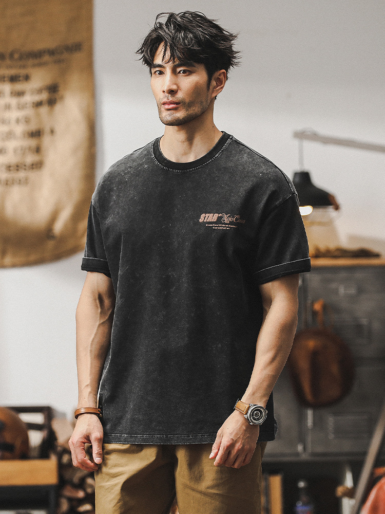 美式重磅短袖T恤男夏季寬鬆大碼潮牌2024新款水洗復古半袖男體恤