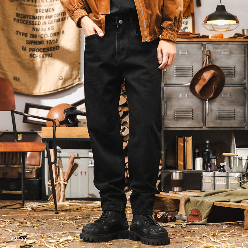 美式復古黑色牛仔褲男秋季酵母工廠水洗褲子men2024新款寬鬆直筒休閒褲