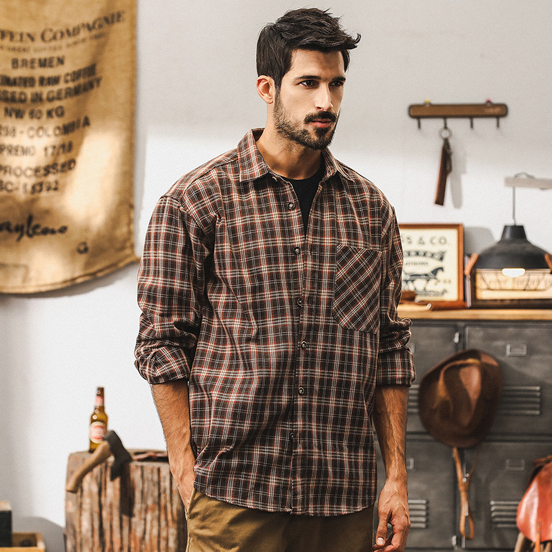 美式復古色織格子襯衫男長袖秋季寬鬆2024新款日系潮牌工裝外套男