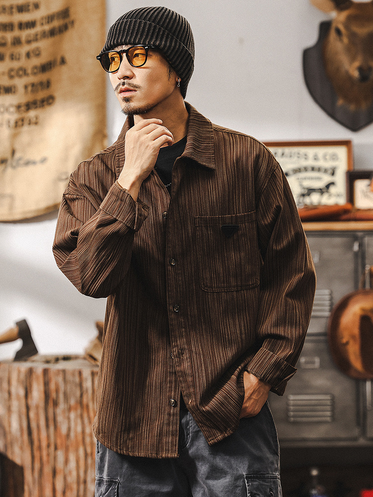 美式復古竹節紋肌理感襯衫男春季寬鬆潮牌2025新款休閒長袖襯衣男