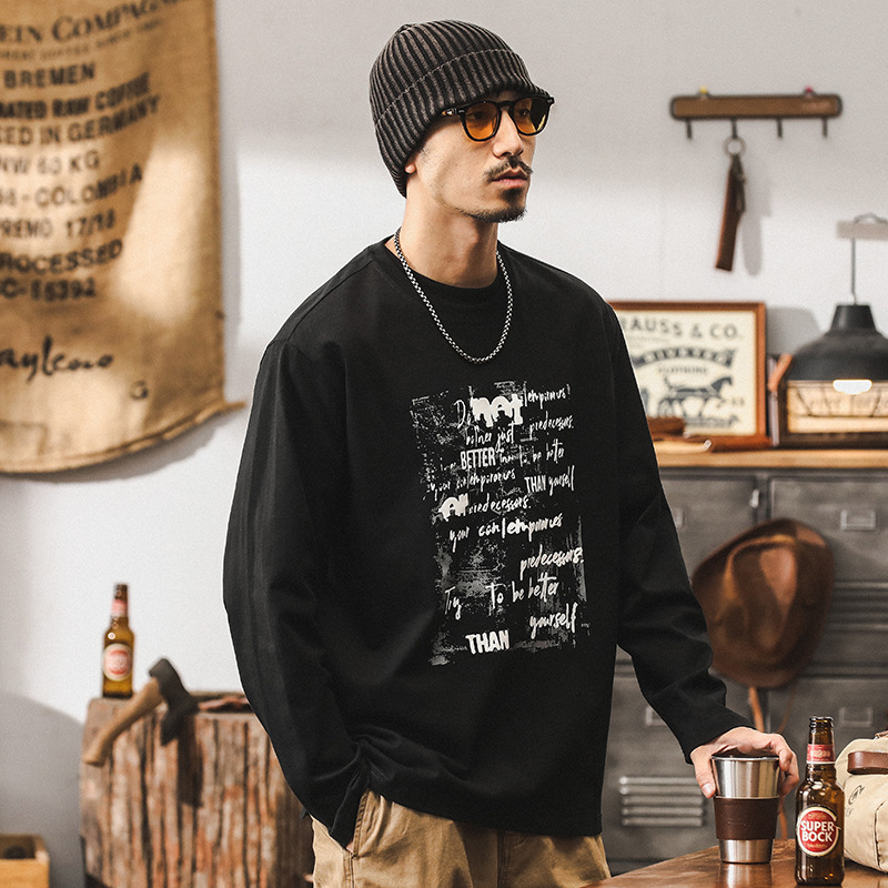 美式重磅長袖T恤男潮牌設計感創意印花體恤男士秋季寬鬆黑色上衣T
