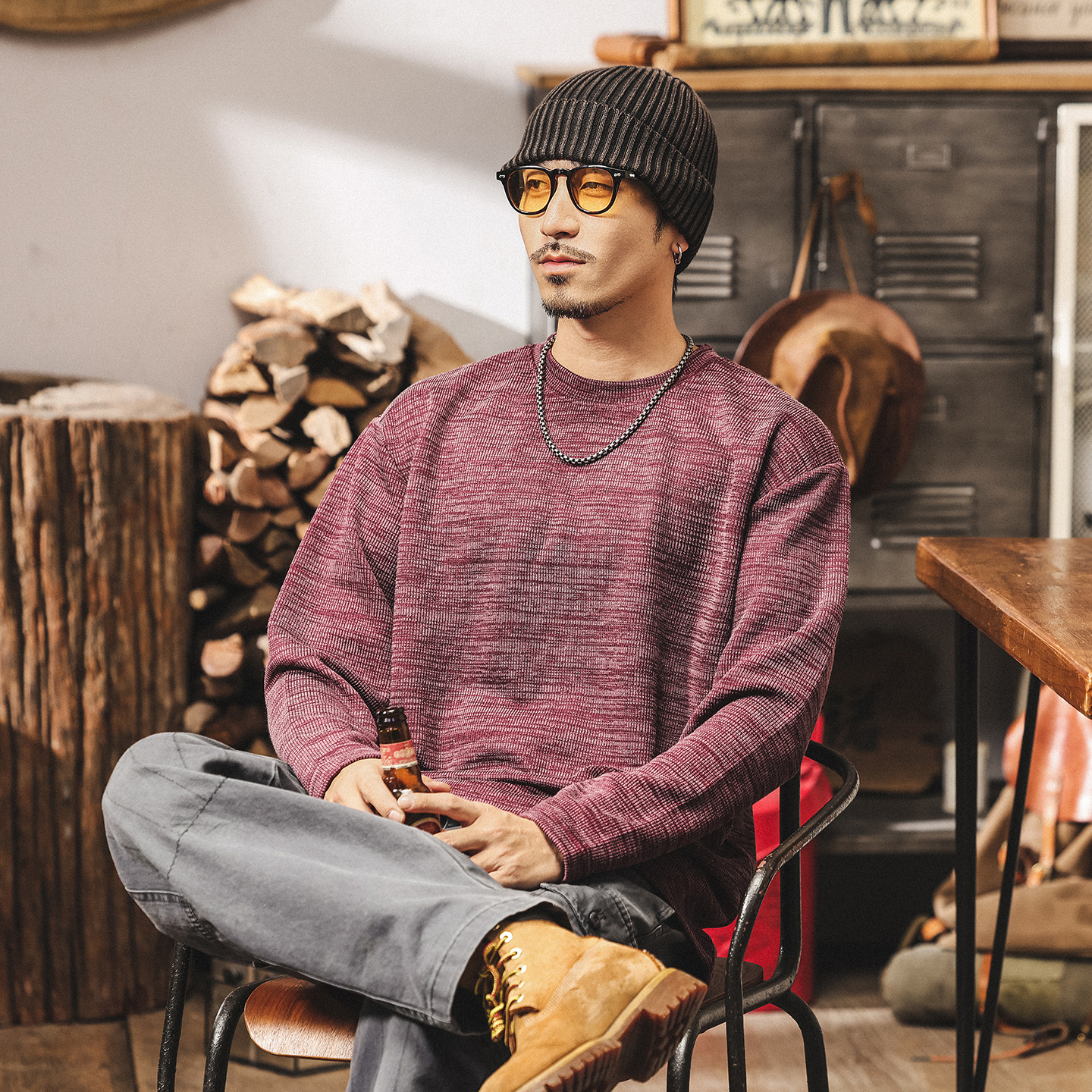 美式復古300g重磅長袖t恤男秋季新款提花肌理感寬鬆棗紅色上衣男