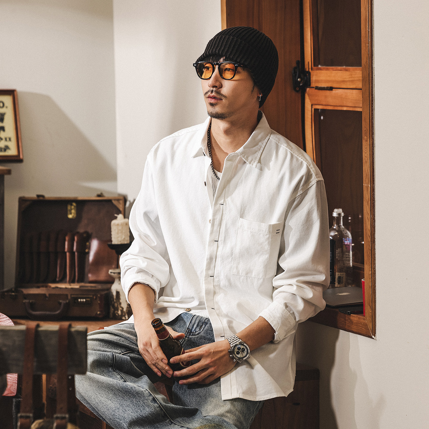 美式復古老錢風萊賽爾襯衫外套男春季薄款寬鬆休閒工裝長袖襯衣男