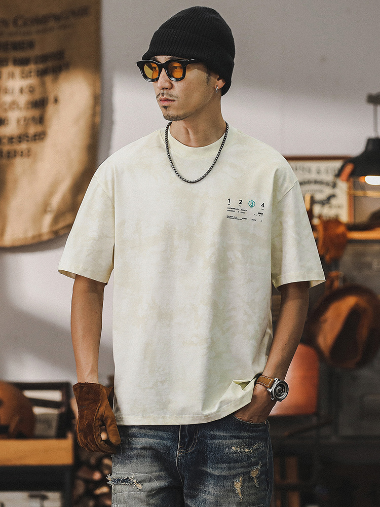 絨面發泡印花短袖男夏季美式潮牌T恤男2024新款男裝復古半袖上衣