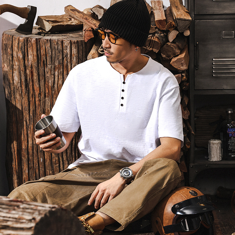 美式復古T竹節棉短袖T恤男夏季2025新款潮流硬漢亨利領男士POLO衫