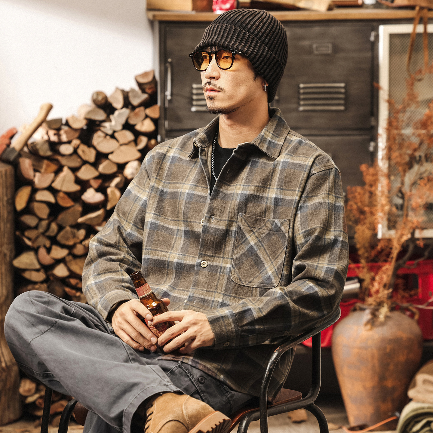 7X7斜紋萊賽爾格子襯衫男長袖秋季2025新款美式復古寬鬆襯衣外套