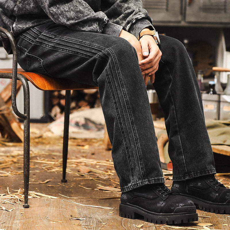 美式復古高級感重磅黑色牛仔褲男秋季潮牌寬鬆直筒褲子男休閒長褲