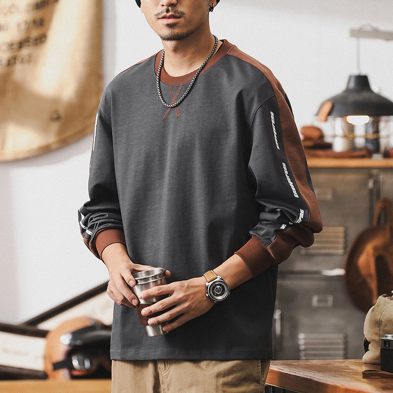 美式複古280g重磅長袖T恤男秋季撞色拼接體恤2024新款寬松衣服男