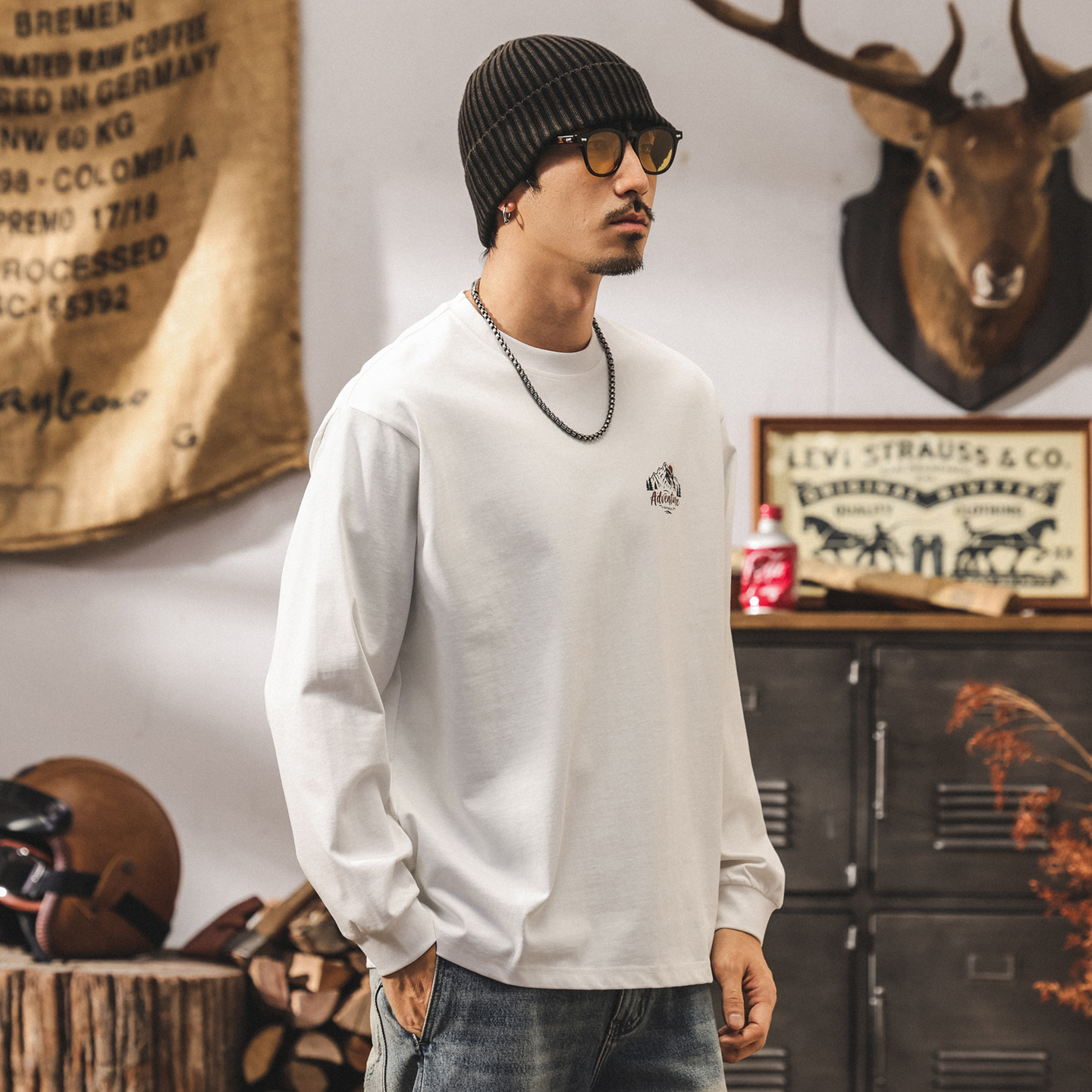 美式復古重磅長袖男t恤春秋潮牌新款山系男裝戶外印花寬鬆上衣男T