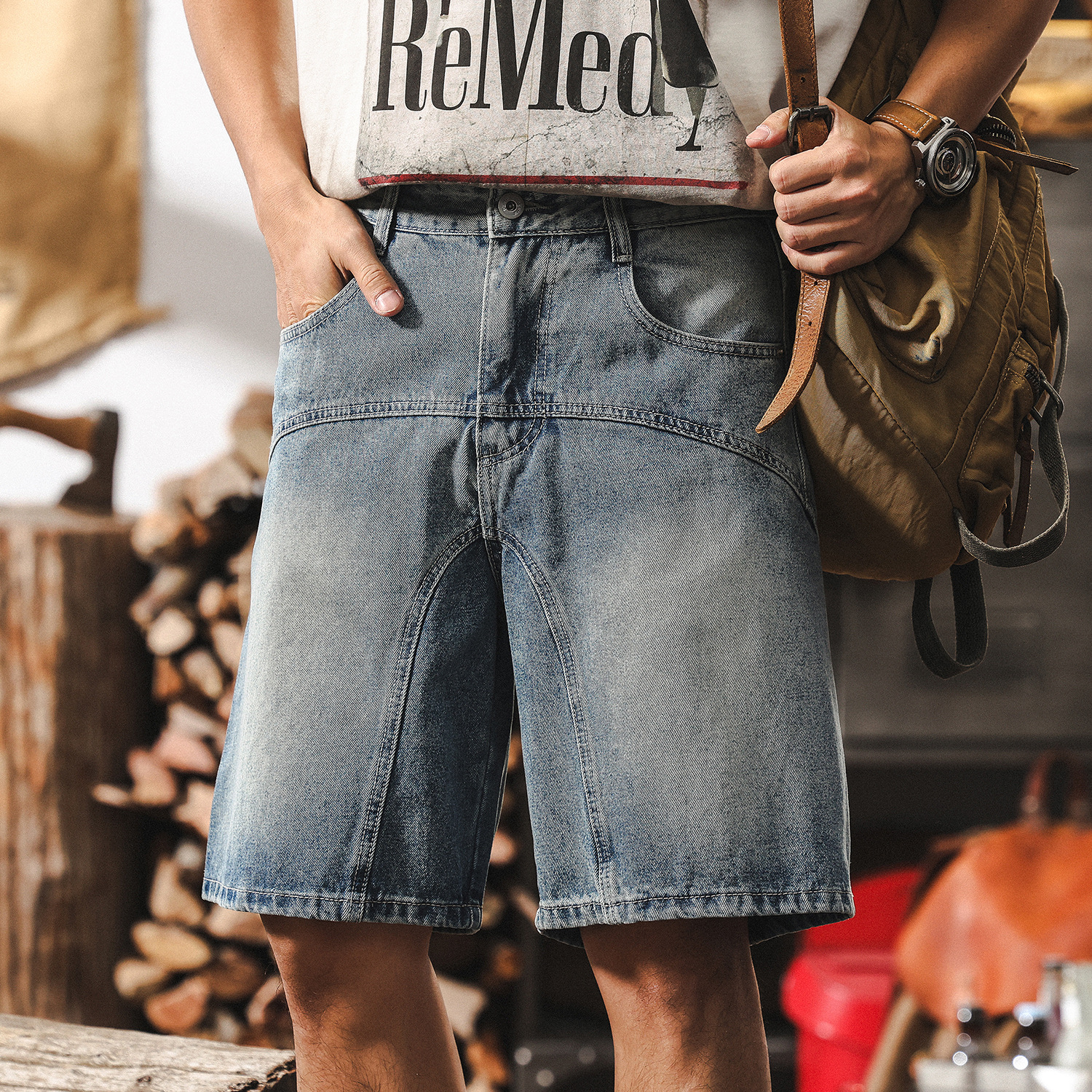 美式復古牛仔短褲男夏季ins潮牌休閒中褲男士寬鬆直筒五分褲子男