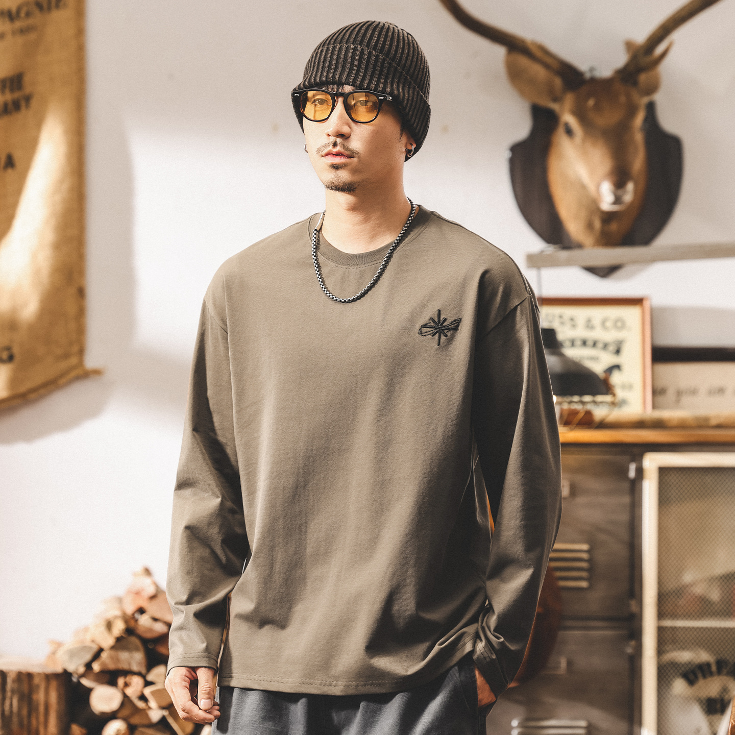 美式復古長袖t恤男秋季2025新款刺繡潮牌寬鬆大碼休閒男士上衣潮T