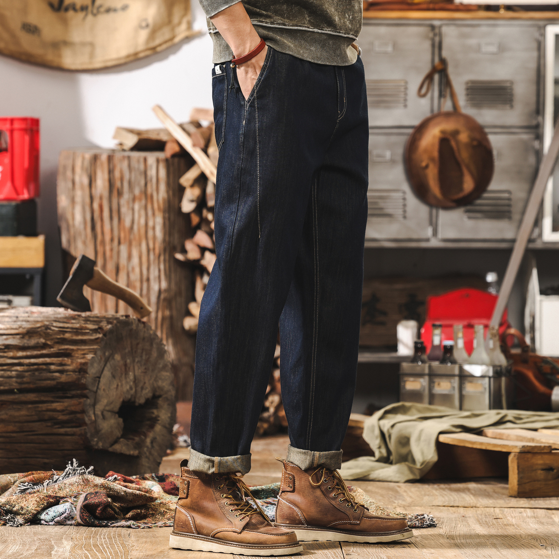 亞麻垂順高級感薄款牛仔褲男春季美式復古丹寧水洗原色男士休閒褲