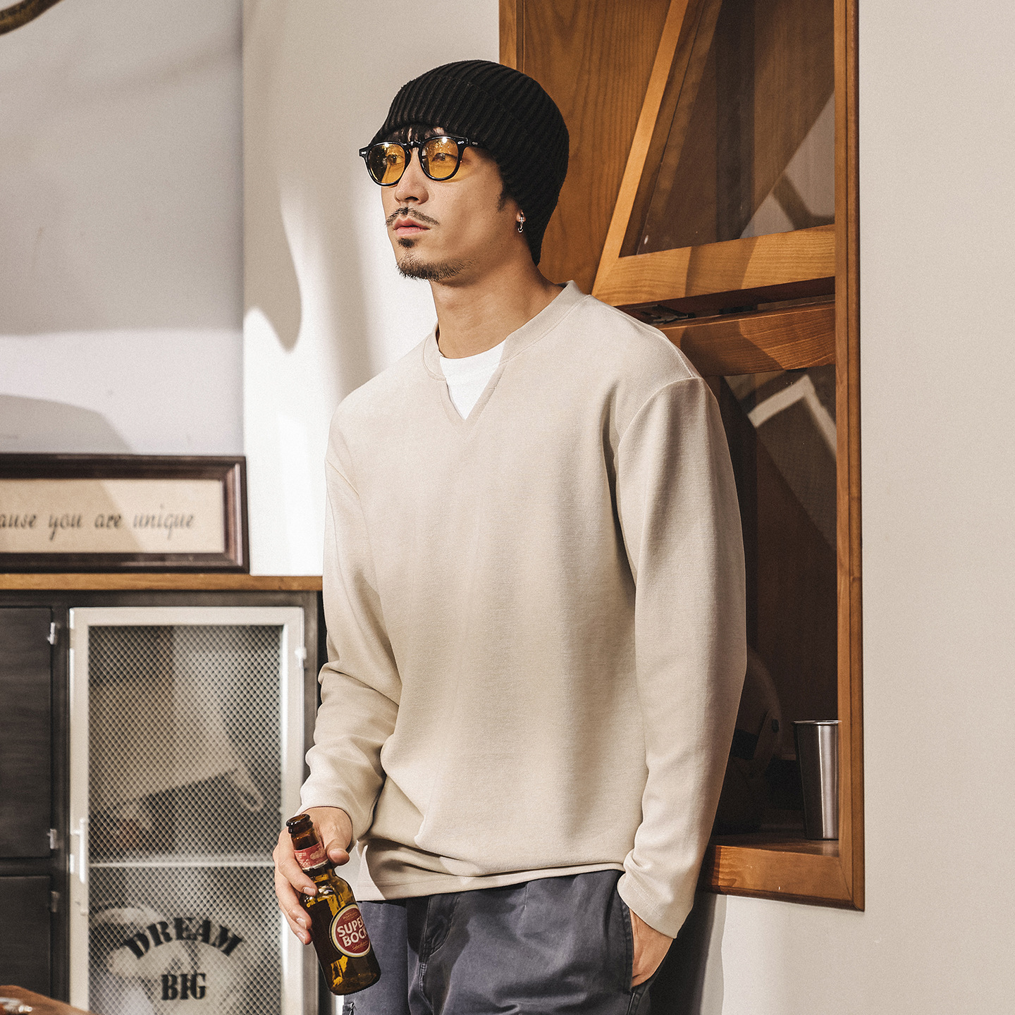 萊賽爾軟糯親膚長袖T恤男秋季新款美式復古潮牌寬鬆假兩件上衣男