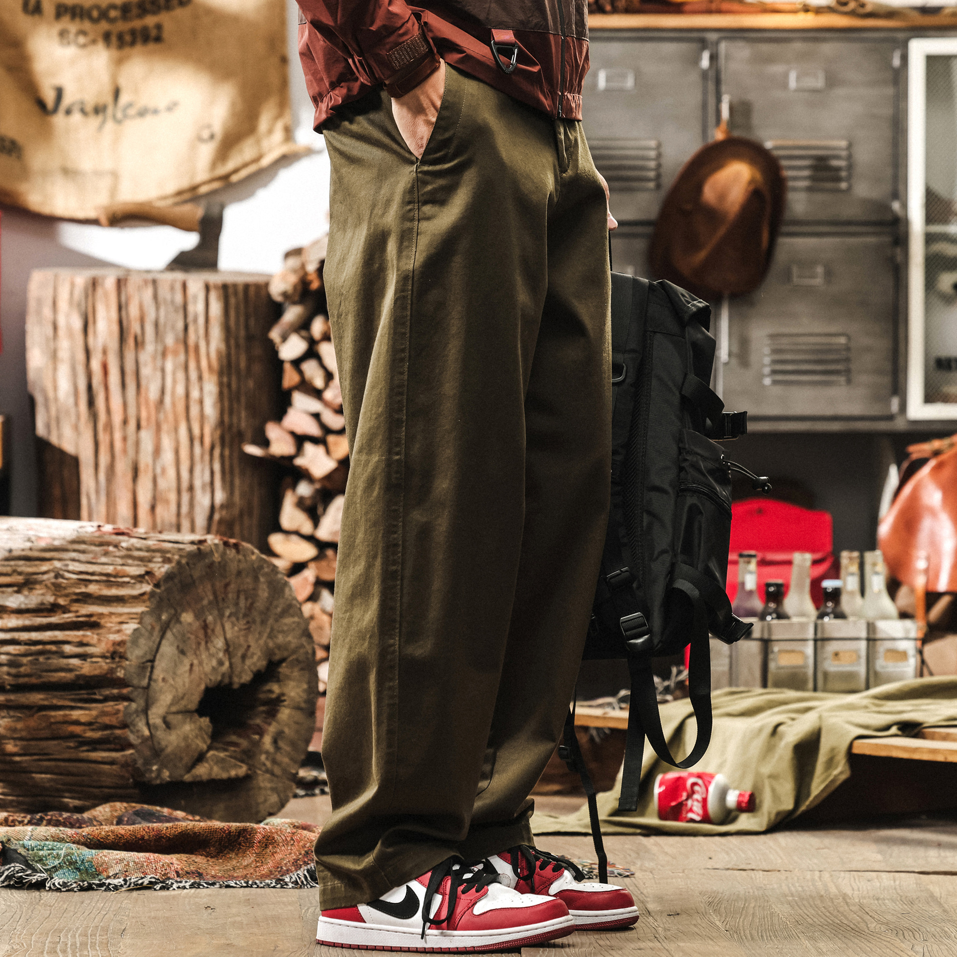 美式復古軍綠色褲子男潮牌直筒水洗闊腿工裝長褲男士寬鬆休閒褲男