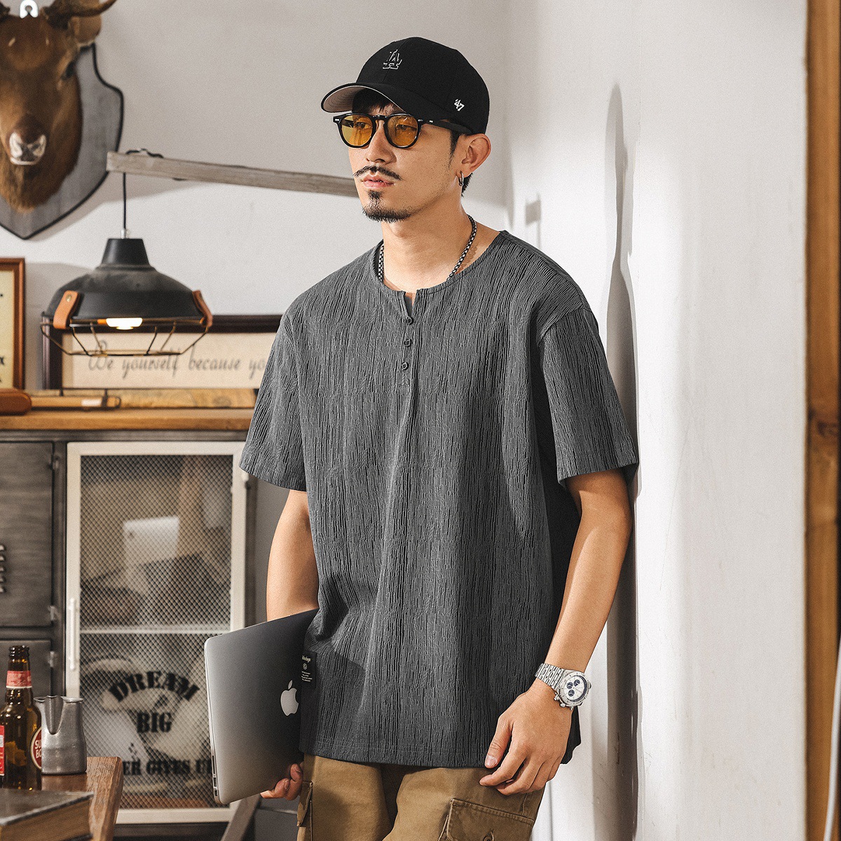 中式復古樹紋肌理感亨利領短袖T恤男夏季新款美式寬鬆重磅Polo衫