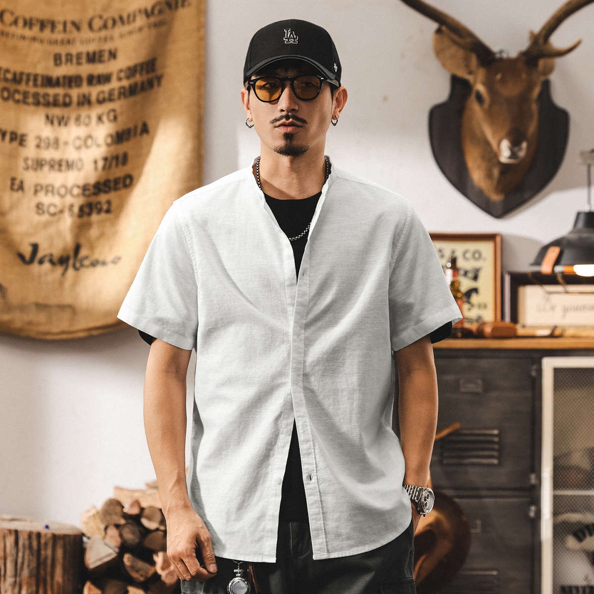 中式復古高級感棉麻襯衫男士短袖夏季新款潮牌寬鬆立領國風襯衣男