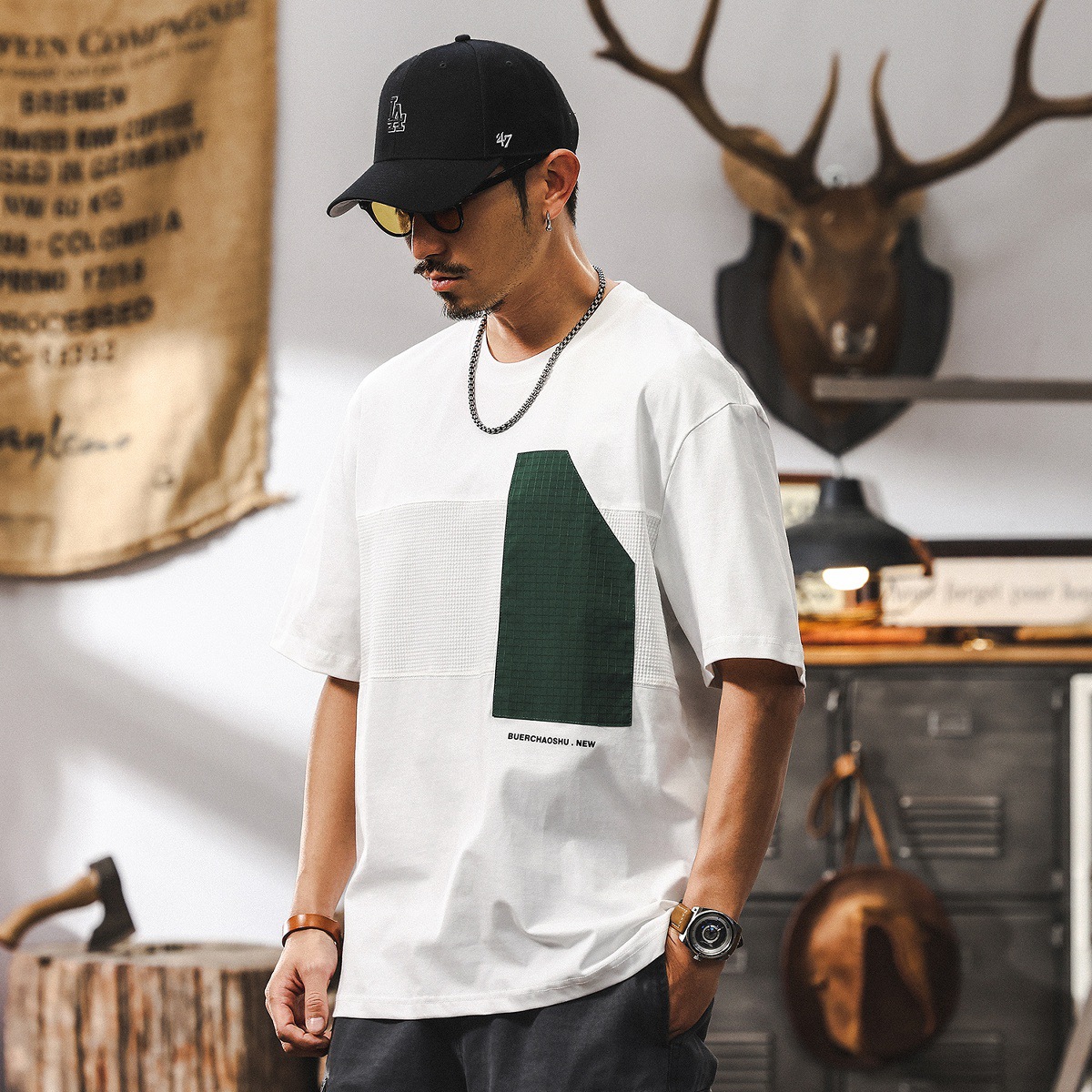 美式復古230g重磅短袖男士T恤夏季潮流拼接高級感半截袖男裝體恤