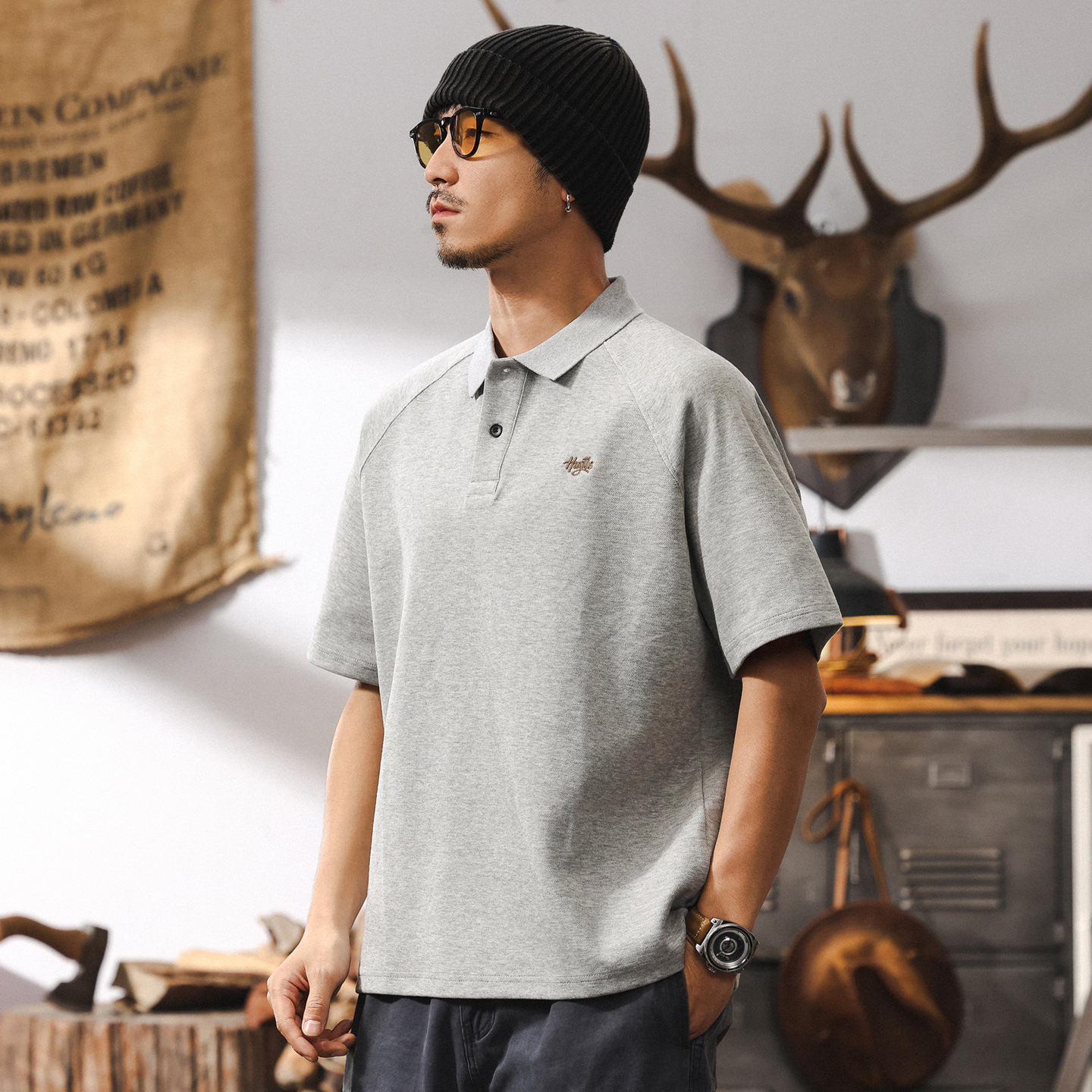 美式復古灰色短袖POLO衫男士夏季新款300g重磅t恤空氣層潮牌上衣