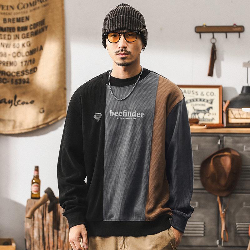美式復古條絨360g重磅衛衣男秋冬款潮牌撞色拼接寬鬆秋季休閒上衣
