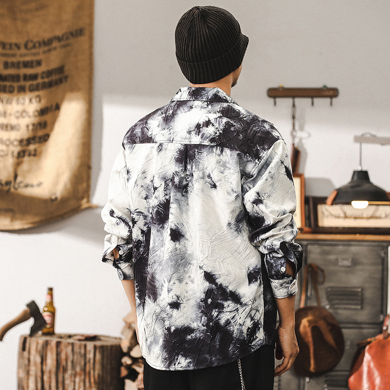 國風復古襯衫男長袖潮牌高級感紮染水墨立體印花襯衣男春秋款外套