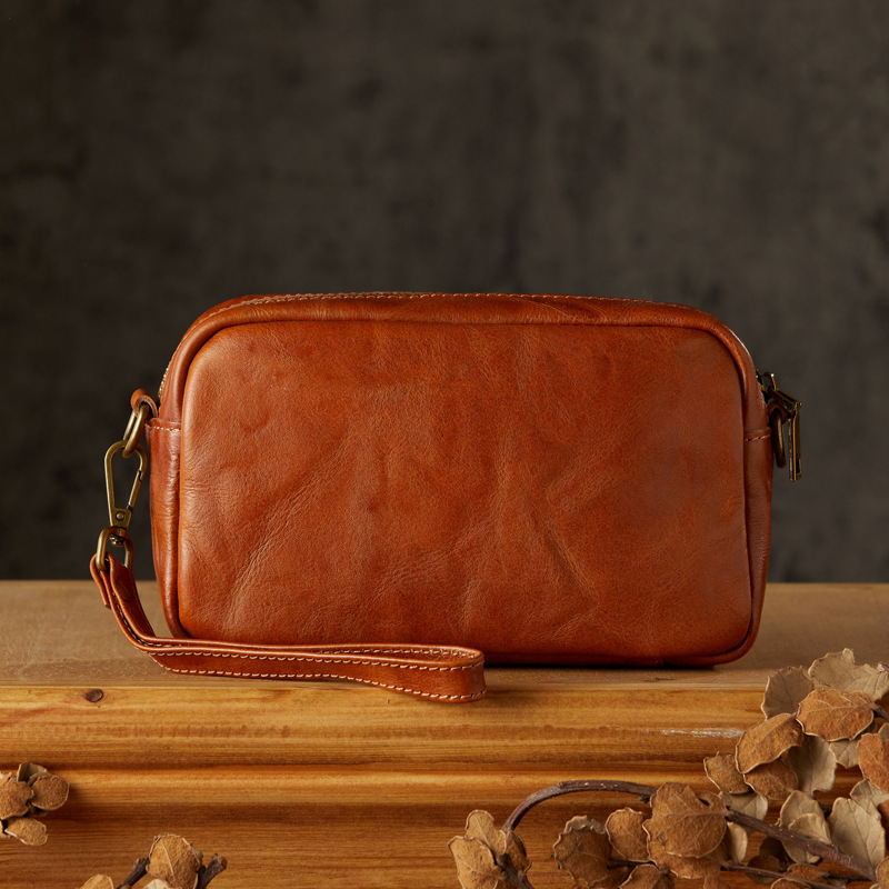 手工真皮手拿包男士多功能復古個性手包植鞣牛皮單肩斜挎包手機包