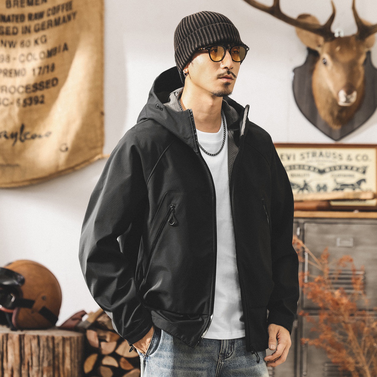 美式山系戶外壓膠衝鋒衣外套男春秋新款防風鎖溫方格登山工裝夾克