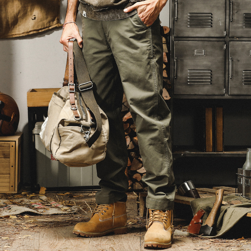 傑雷諾美式復古軍綠休閒褲男春秋款潮牌寬鬆直筒重磅硬挺工裝褲子