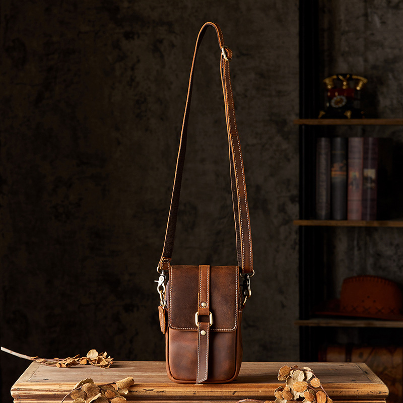 手工原創真皮單肩斜挎包男士休閒輕便穿皮帶純牛皮手機包豎款腰包