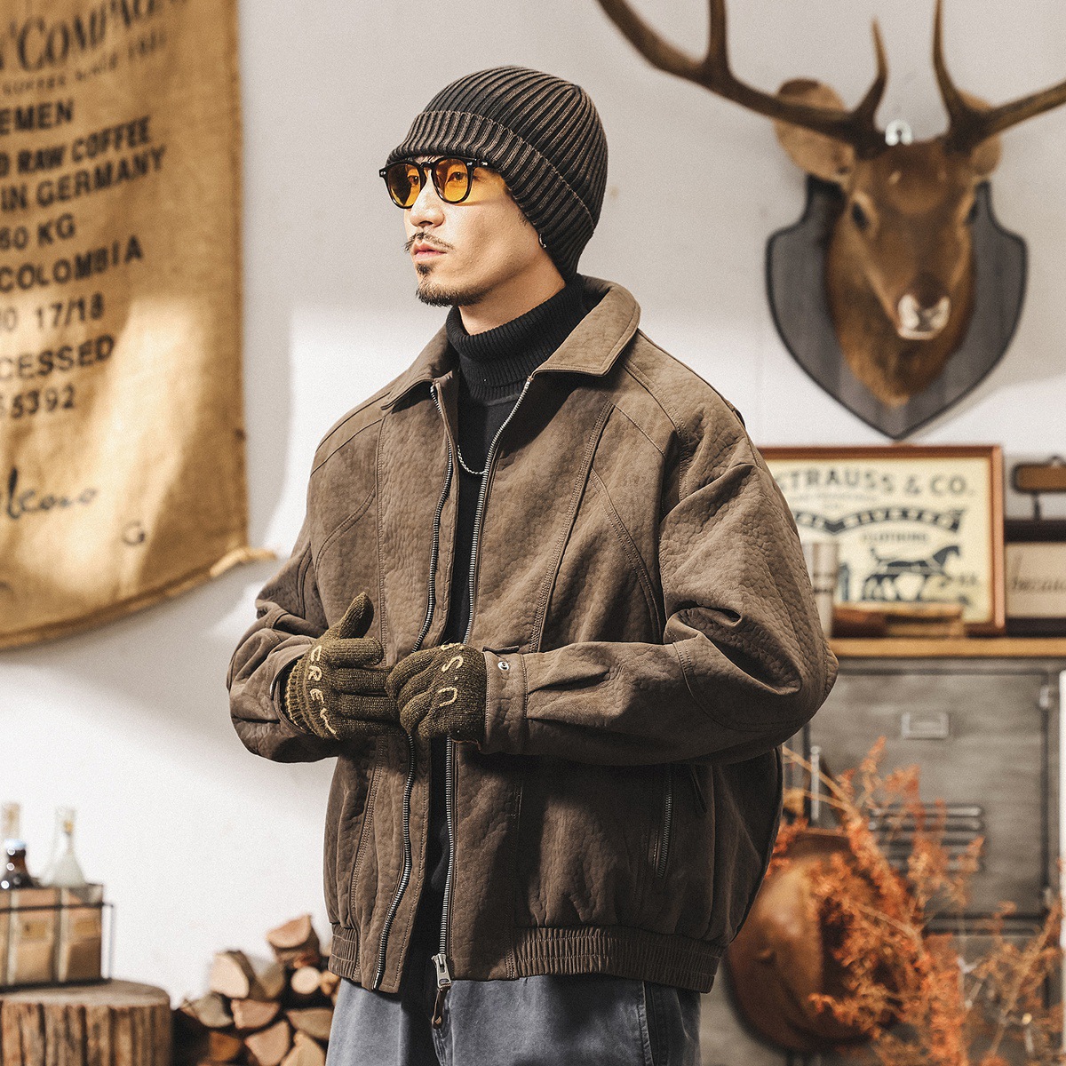 美式復古高級感荔枝紋棉服男士棉衣冬季加厚保暖機車皮夾克外套男