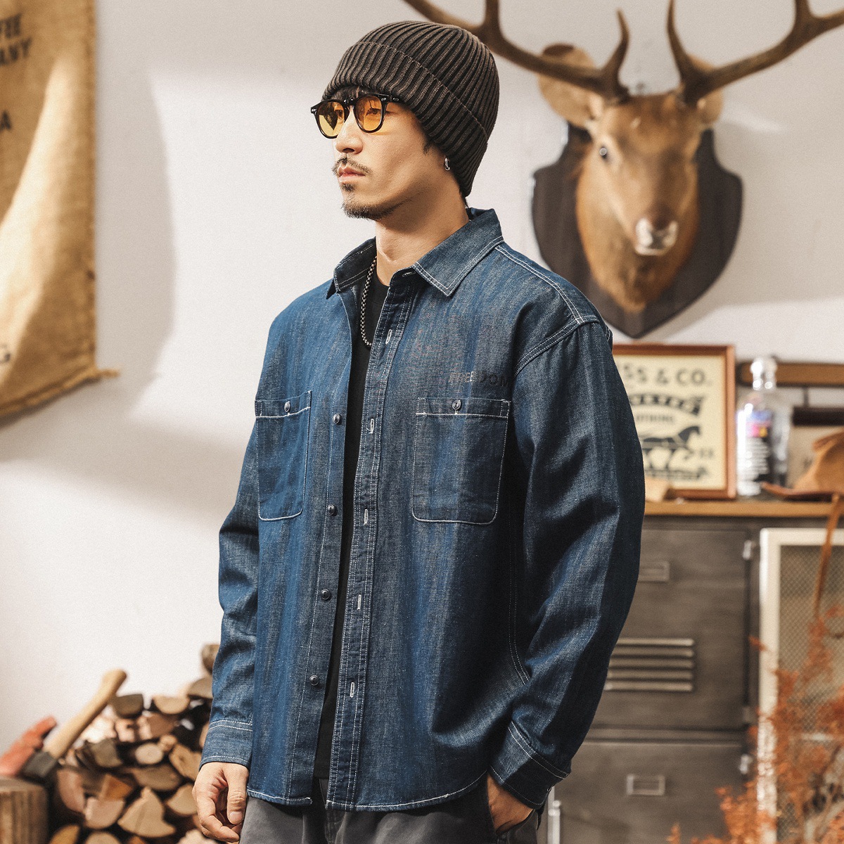 環保抗菌古織漢麻襯衫男長袖秋季新款美式復古寬鬆休閒襯衣外套男